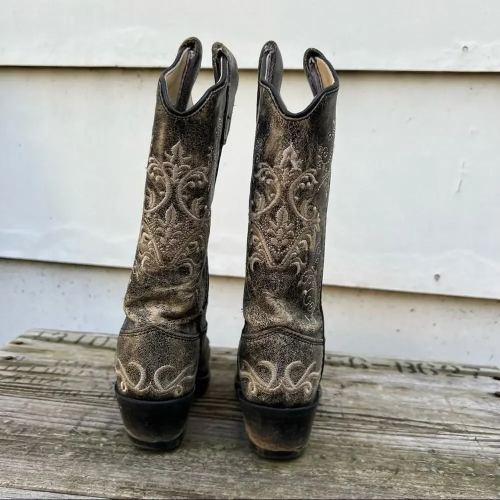 Old West Kids Vintage Charcoal with Fancy Embroidery Snip Toe Western Boots